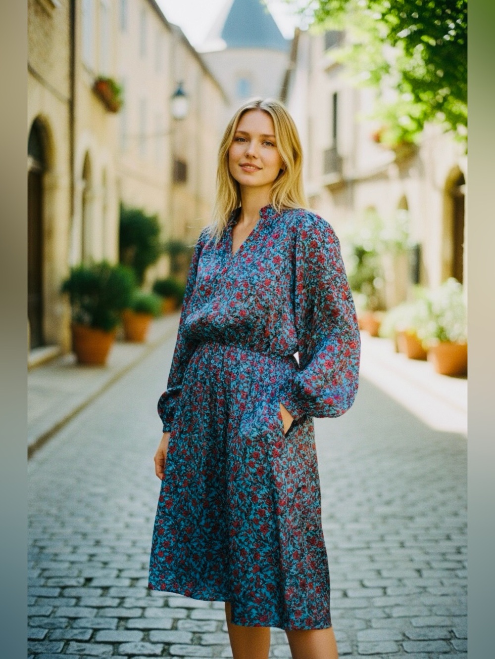 JODIFL Blue Floral Long-Sleeve Midi Dress Large